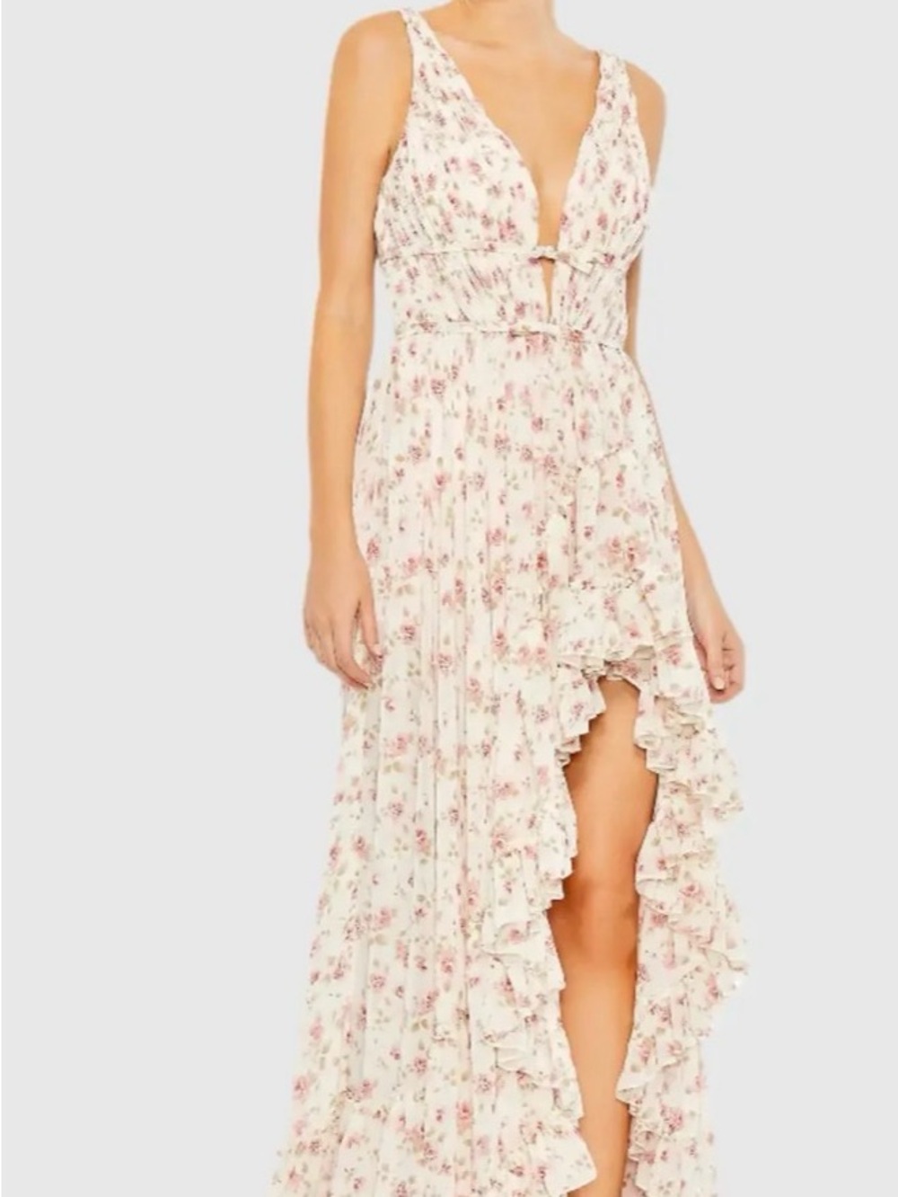 NWT Mac Duggal Cream Maxi Dress with Pink Floral Print and High-Low Ruffle Hem